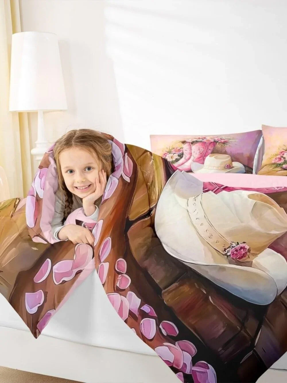 Western Cowgirl Twin Comforter Set for Girls Kids,Pink Cowgirl Boot Hat Bedding
